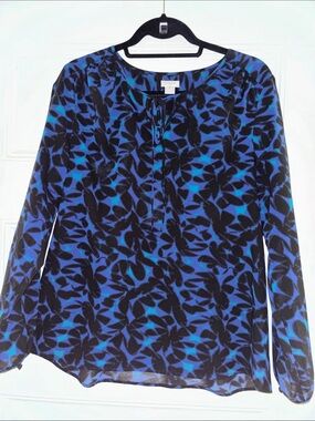 J. Crew Black with Blue & Teal Leaf-Print Long Sleeve Top